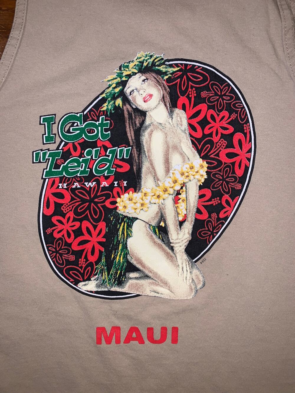 Hawaii Maui I Got Leid Pin Up Girl Tank Top Beige Small Double Sided